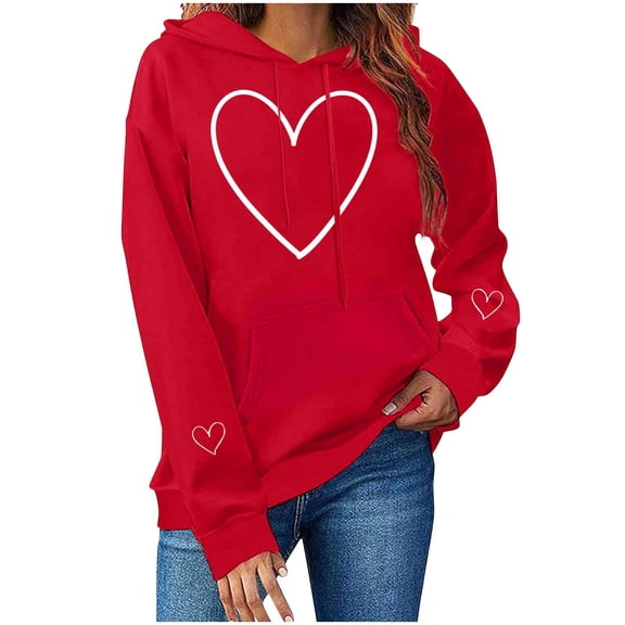 Valentine's Day Hoodie for Women Red with White Heart Print Cozy Casual Gift for Her S-3XL,Size M