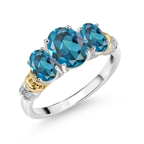Gem Stone King 925 Sterling Silver and 10K Yellow Gold Oval London Blue Topaz and White Diamond 3 Stone Ring for Women (2.73 Cttw, Gemstone November Birthstone, Size 6)