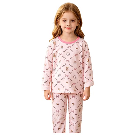 GCETTIC Girls Pajama Sets Kids Lightweight Pajamas Gentle Cotton Material Relaxed Long Sleeve Sleep Set Pink,3-4 Years