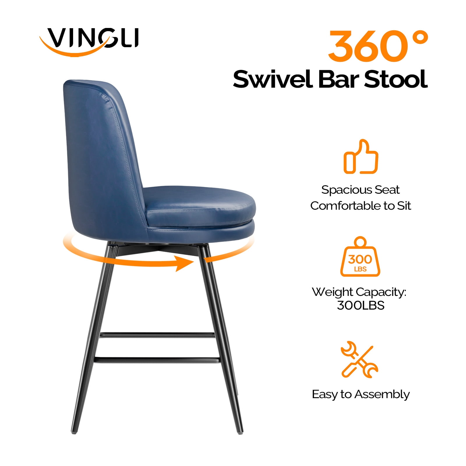 Zimtown Modern Barstools Set of 2, 26" Counter Height Swivel Bar Stools Set with Cushion for Kitchen Island, Dining Room, Bar Chairs, Dark Blue