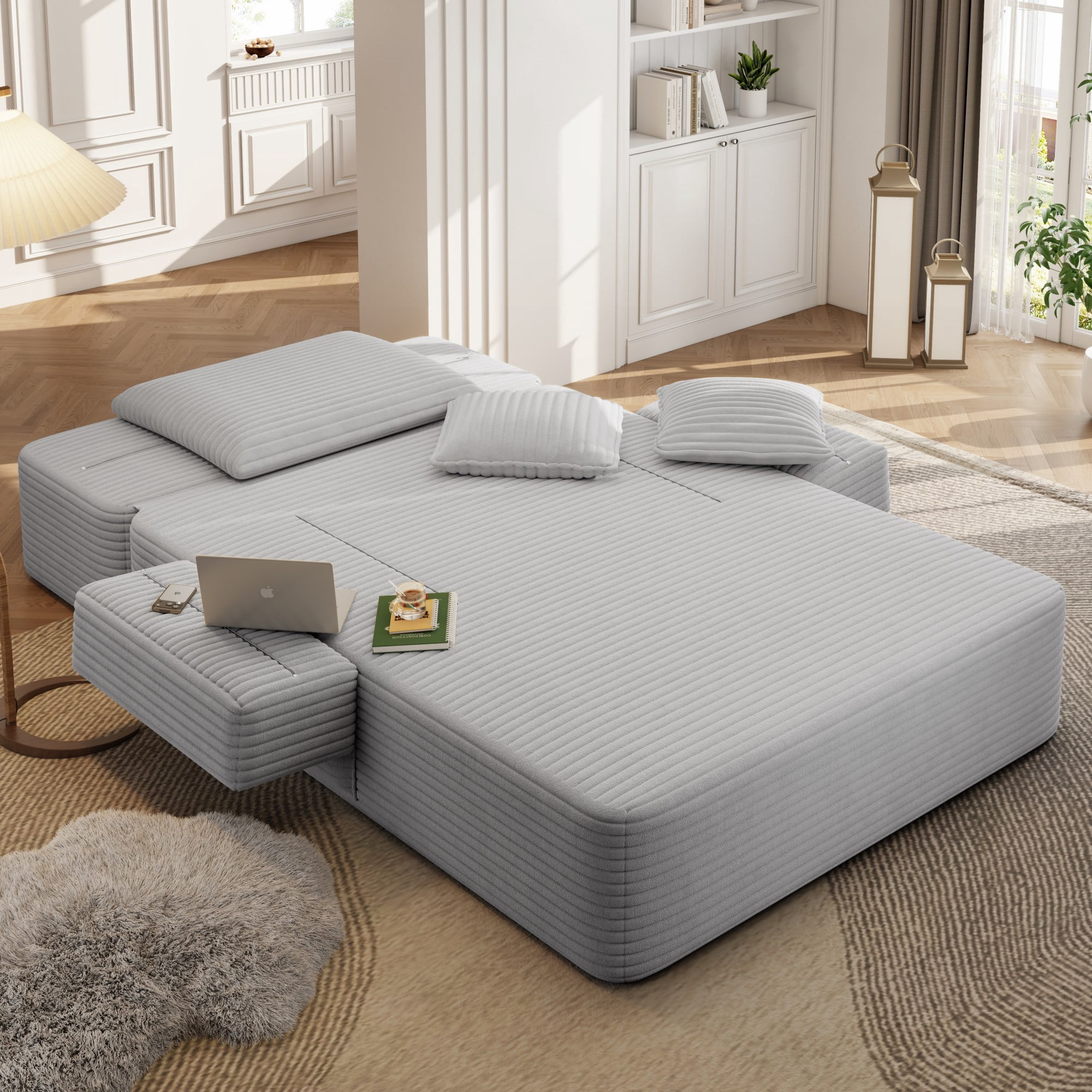 Aukfa Chaise Lounge Chair Indoor, Oversized Corduroy Boneless Sleeper Sofa Bed with Storage Pockets, Adjustable Backrest&3 Pillows, Reading Couch for Living Room Apartment, Light Gray