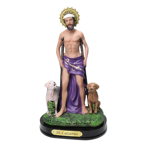 Catholic Saint Lazarus with Dogs and Sun Border Medal Figurine With Base 8"H