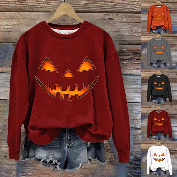 Hilzaten Crew Neck Tops for Women Print Long Sleeve Pullover Casual Hoodless Sweatshirt for Women