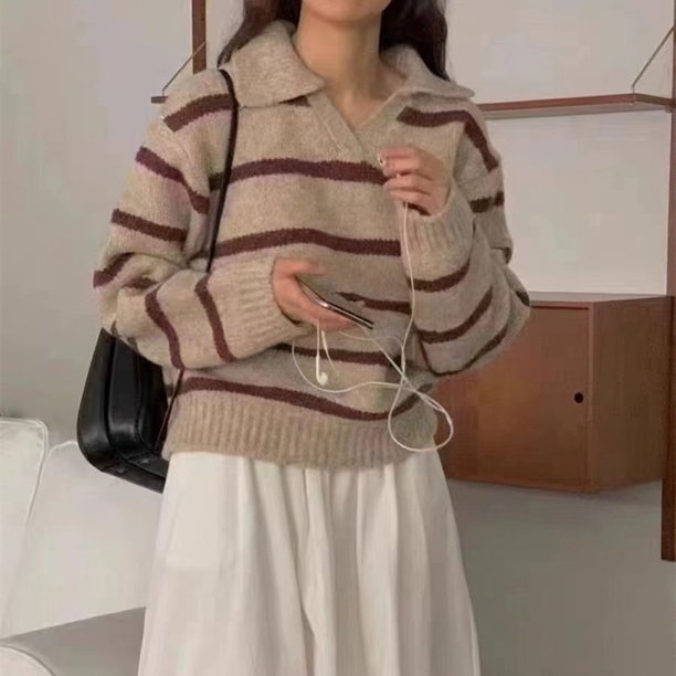 MJG coreano chic otoño e invierno estilo retro POLO collar contraste rayas suéter de manga larga de las mujeres suéter tops mujeres