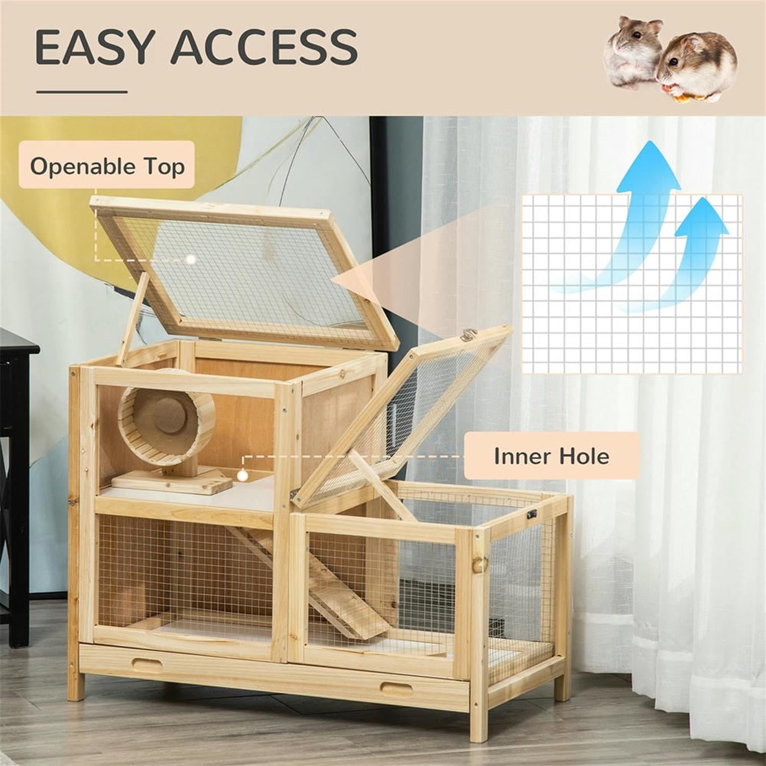 resenkos 30" 2-Tier Wooden Hamster Cage with Seesaw, Tray, Large Small Animal Habitats for Guinea Pig Cages, Beige