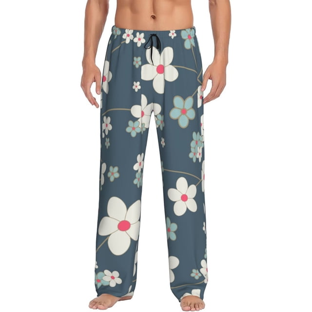 Fotbe Blue Flower Pantalones de Pijama para Hombre, Pantalones de Dormir, Pantalones de Casa con Cintura Ajustable y Bolsillos-Small