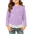 thumbnail image 2 of Girls Ruffle Trim Long Sleeve Pullover Top Casual Crew Neck Stretchy Rib Knit Bow Shirt for Kids Big Kid,Size 1-2T, 2 of 9