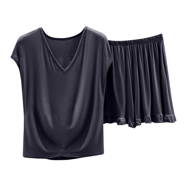 Timegard Summer Outfits for Women Lightweight Soft Loungewear V Neck Shorts Loose Solid Color Pjs Sets