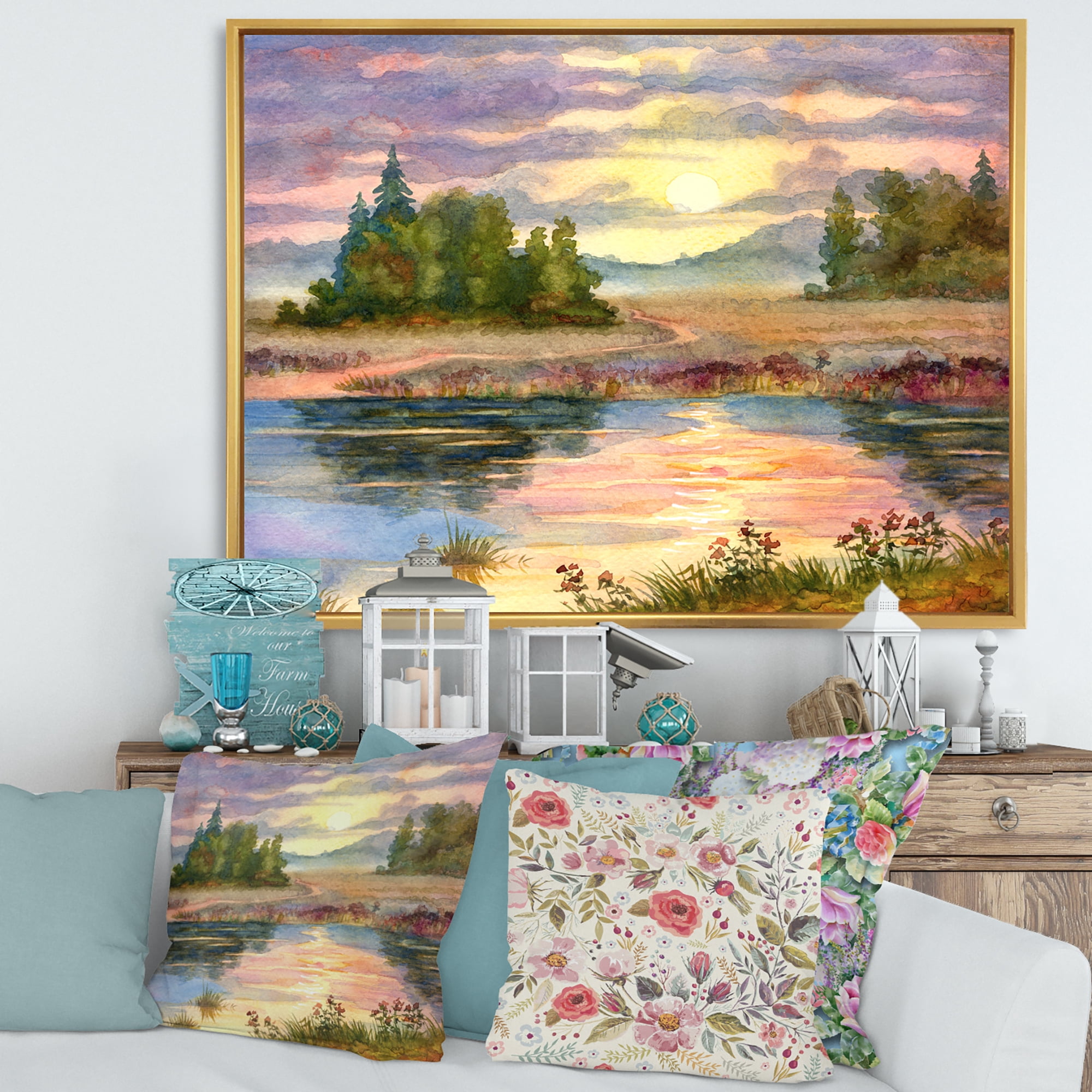 The Rural Lake In Sunset Evening I 20 in x 12 in Framed Painting Canvas Art Print, by Designart