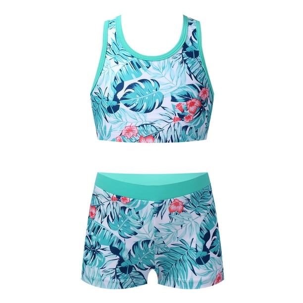 iiniim Kids Girls Bathing Suit 2 Pieces Crop Tank Top with Booty Shorts Set Swimming Costume