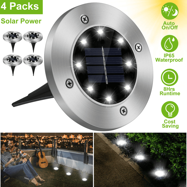 4 Pack Outdoor Solar In‑Ground Pathway Lights, IP65 ABS & Stainless Steel Ground Lamp with Light Sensor, Ground Stakes for Lawn, Sidewalk and Yard Decoration