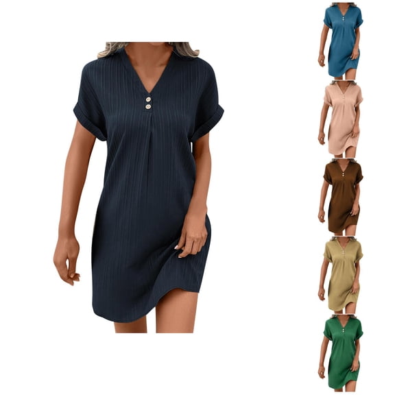 Ahuyic Womens Casual Dress,Womens Plus Size Dress,Womens Summer Casual V-Neck Short Sleeve Mini Dress,Khaki,S