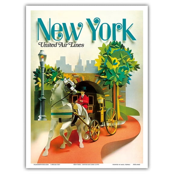New York - Central Park Horse Drawn Carriage - United Air Lines - Vintage Airline Travel Poster c.1971 - Master Art Print (Unframed) 9in x 12in