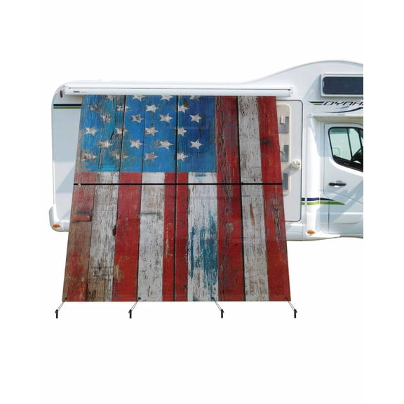 4th of July RV Awning Sun Shade Screen 9'X7' Vintage American Flag Mesh Sunscreen Retro Wood Grain Awning Shade Screen with Zipper UV Blocker Completed Kits Outdoor Canopy for RV Motorhome Camper
