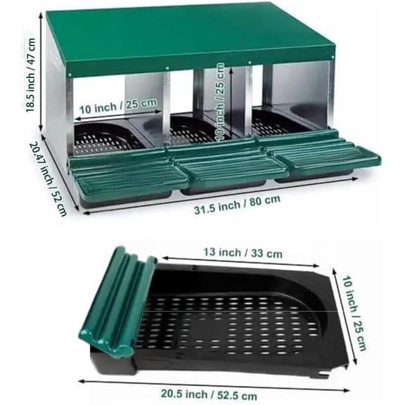 Acekid Chicken Nesting Box 3 Compartments, Metal Roll Out Design Laying Box for Easy Egg Collection, Green