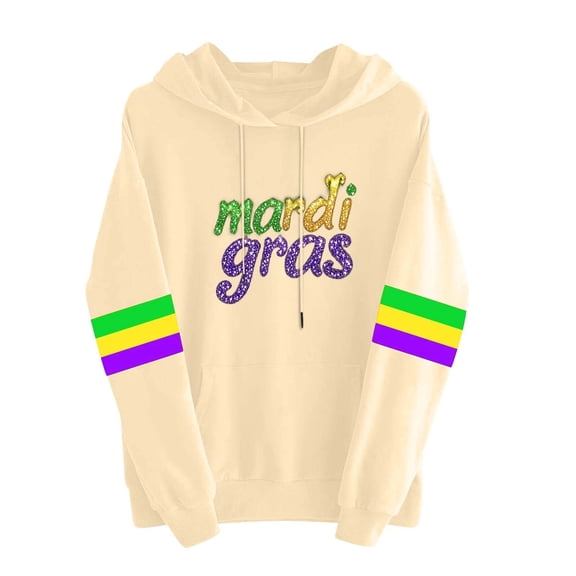QSAWXQZ Women's Carnival Hoodie Drawstring Color Block Long Sleeve Letter Graphic Pullover Top with Pocket Beige XL