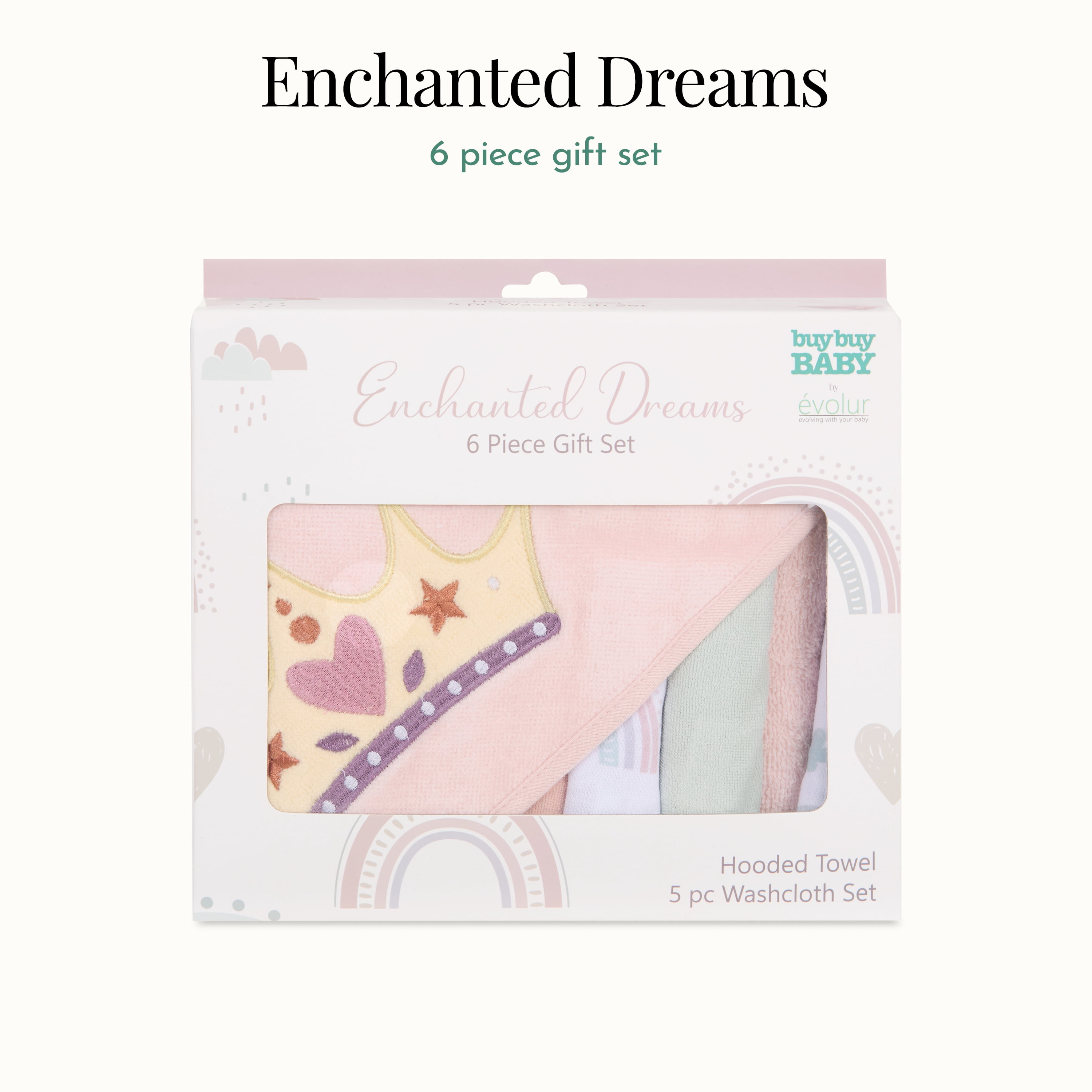 Evolur Enchanted Dreams 6 pc Gift Set - Hooded Towel & 5pc Wash Cloths, Princess Print