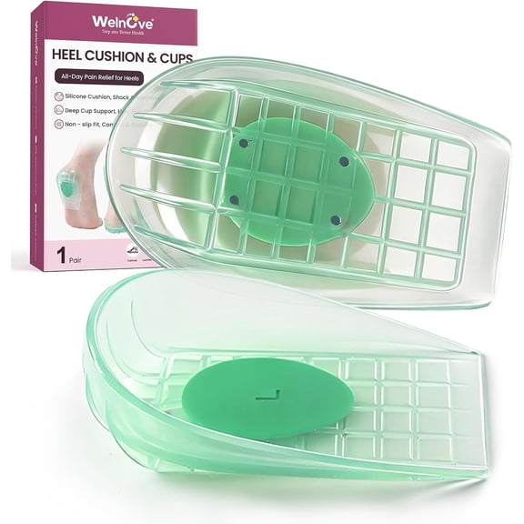 Welnove Heel Cups for Heel Pain Relief, Shock Absorbing Deep Cup Support Heel Pads for Men & Women, Non-Slip Inserts for Flat Feet, Plantar Fasciitis, Running Shoes, 1 Pair L Size Green