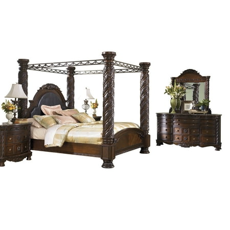 ashley furniture north shore 5 pc bedroom set: cal king poster canopy bed  dresser mirror 2 nightstand dark brown