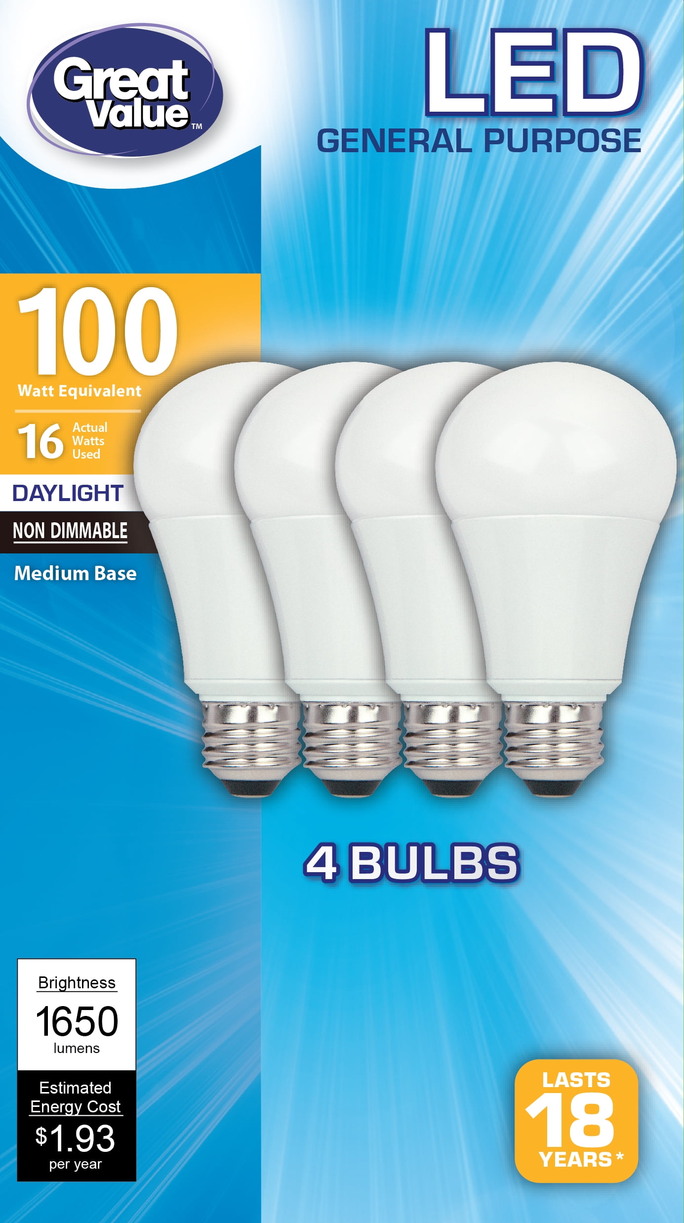 Great Value LED A19 (E26) Light Bulbs, 16W (100W Equivalent), Daylight
