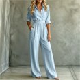 thumbnail image 5 of Aimik Jumpsuits for Women Fashion 3/4 Sleeve Lapel Belted Wide Leg Jumpsuits Summer Fall Womens One Piece Overalls, 5 of 6