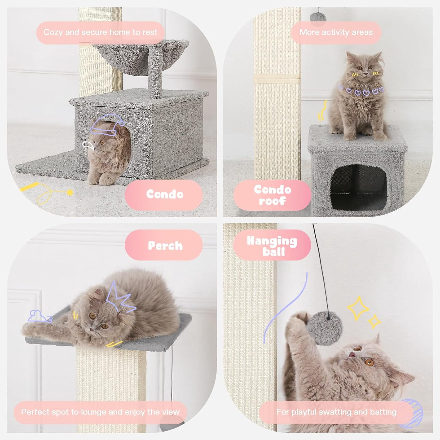 Cat Scratching Post with Perch, Sisal Cat Scratchers for Indoor Cats, Large Cat Scratching Post with Fluffy Ball, 31 Inches Tall Cat Scratching Tower, Gray