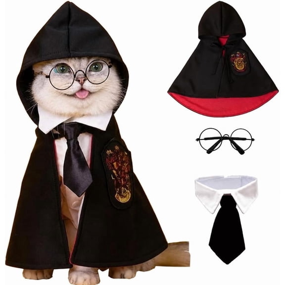 ELORIAH Cat Halloween Costumes - Adjustable Dog Cat Wizard Costume,Pet Hooded Cape Glasses Necktie Set,Funny Puppy Small Dog Halloween Costumes Boy Girl, Black Red Pet Magician Cosplay Outfits