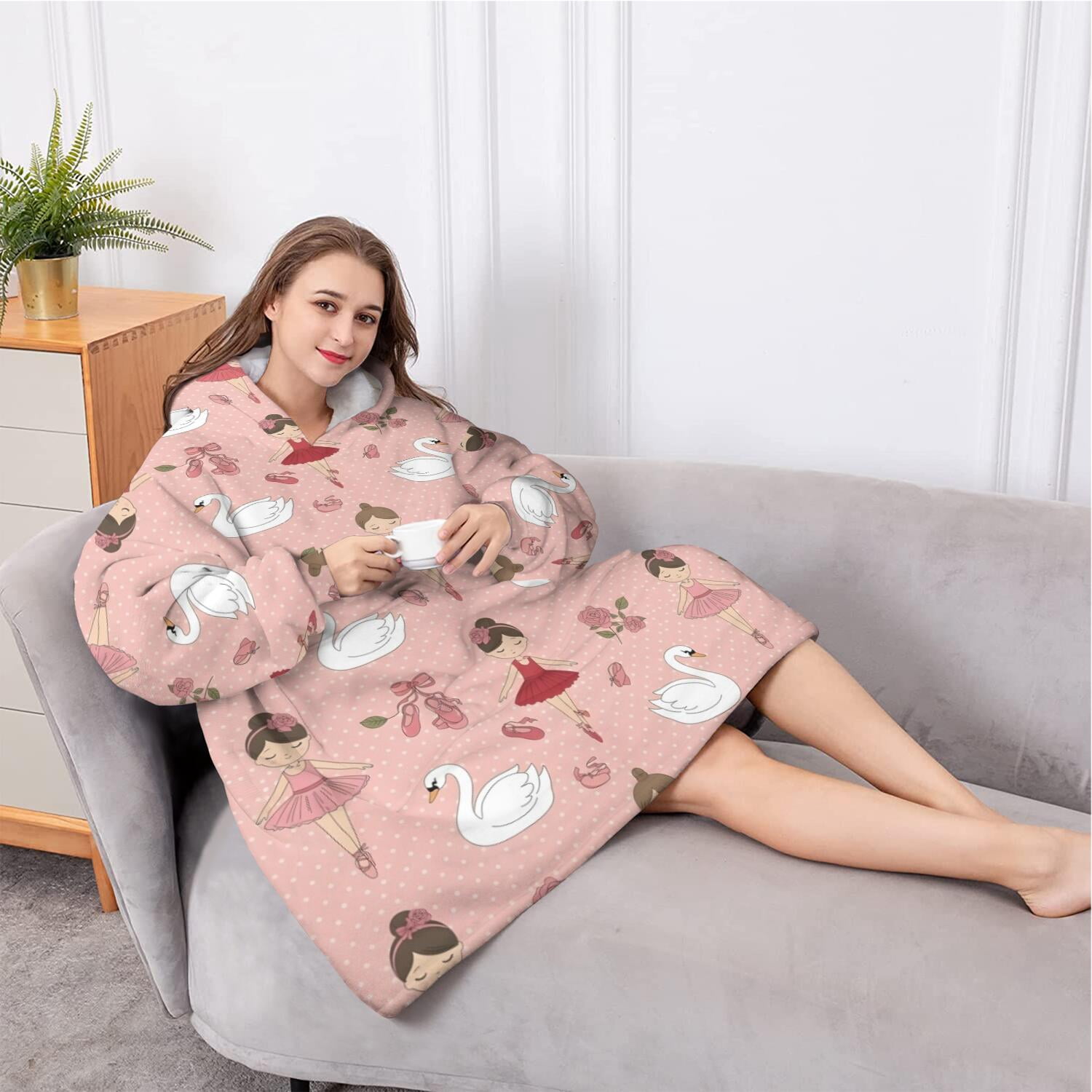 Oversized Wearable Blanket Hoodie,Pink Ballerina Swan Pattern Sherpa Blanket Hoodie with Super Pockets,Super Warm Fuzzy Pullover for Women & Men