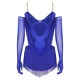 thumbnail image 6 of Linjinx Womens Latin Salsa Dance Leotard Glitter Rhinestones Fringe Dance Bodysuit with Gloves Blue M, 6 of 7