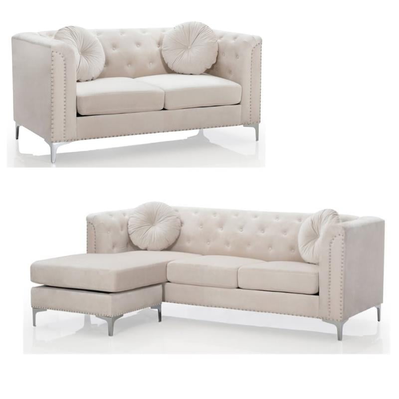 Home Square 2Piece Set with Velvet Sofa Chaise and Loveseat in Ivory