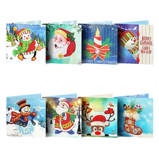 Tarjetas de felicitación navideñas, 8 paquetes de tarjetas de felicitación navideñas con pintura de diamantes 5d para Navidad (b) - Campanas navideñas, renos, muñecos de nieve, Papá Noel