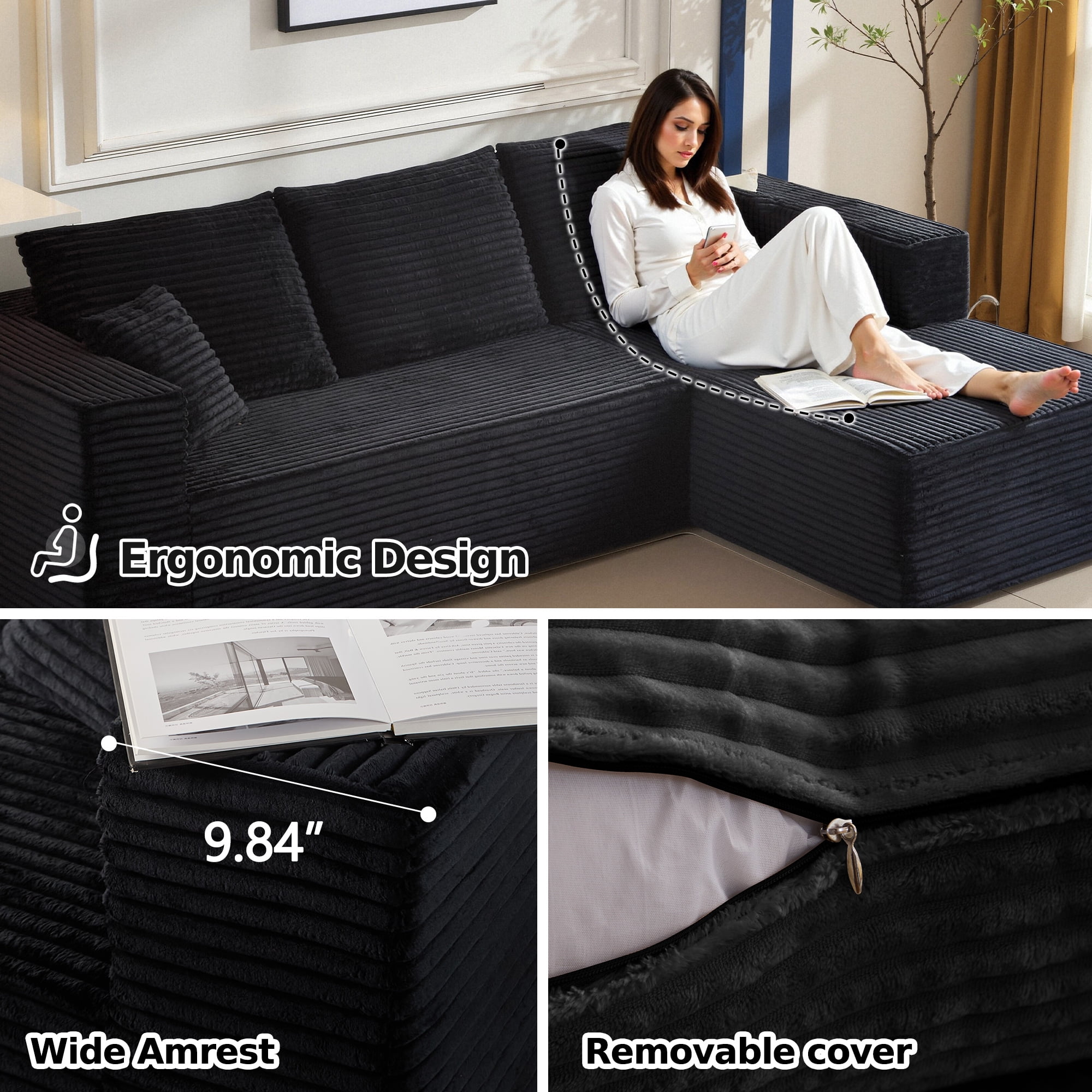 Cubente 108" Modular Sectional Sofa, Cloud Couch with 3 Deep Seat, Indoor Modern L-Shape Sofa Couch, Boneless Couch Compressed Sofa for Living Room Bedroom