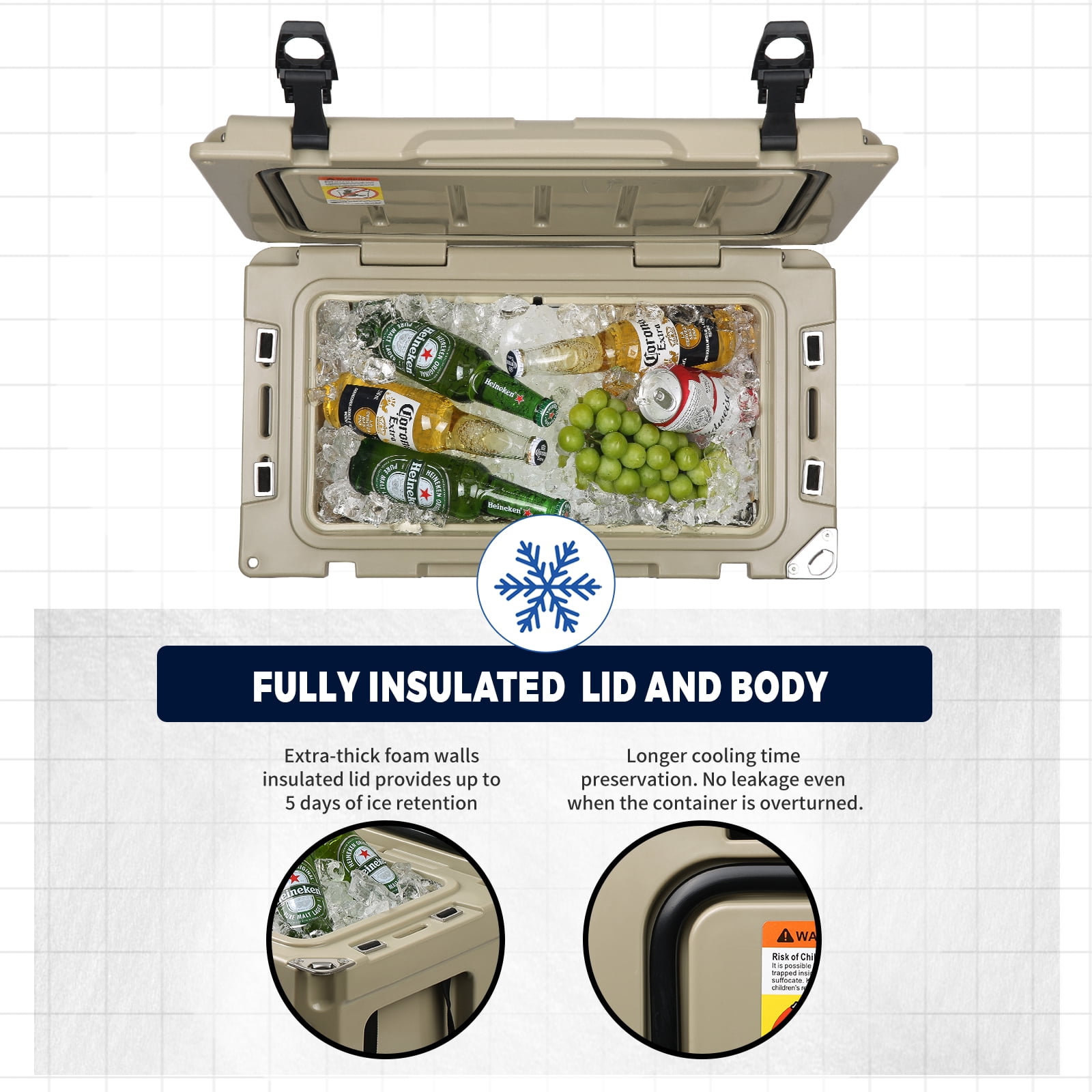 30 QT Ice Chest Cooler Insulated Portable Ice Chest Box for Beach, Drink, Beverage, Camping, Picnic, Fishing, Boat, Barbecue,khaki