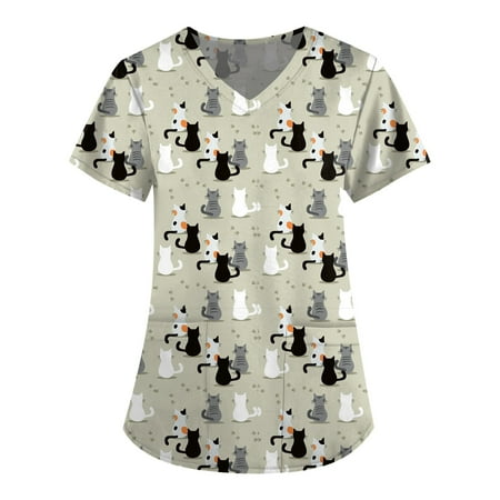 

QAZXD Best Gifts-Women s Nursing Scrub Tops Nursing Uniforms for Women Cute Print Short Sleeve V-Neck Blouse With Pockets 2XL