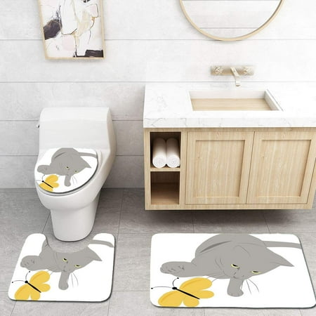 CHAPLLE Grey and Yellow Cat Pet Feline Best Friend Playing Spring Butterfly Black Marigold 3 Piece Bathroom Rugs Set Bath Rug Contour Mat and Toilet Lid