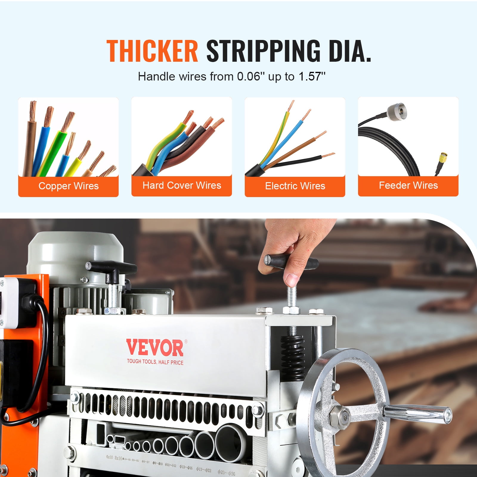 VEVOR Electric Cable Stripping Tool, 0.06''-1.57'' Motorized Wire Stripper, 370 W, 88 ft/min, Includes Manual Crank & 11 Channels, Ideal for Copper Scrap Recycling