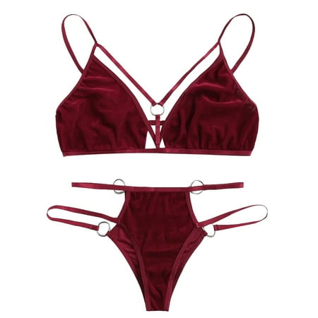 

New Women Ring Linked Velvet Lingerie Set Hollowing V-Neck Bra With Thong