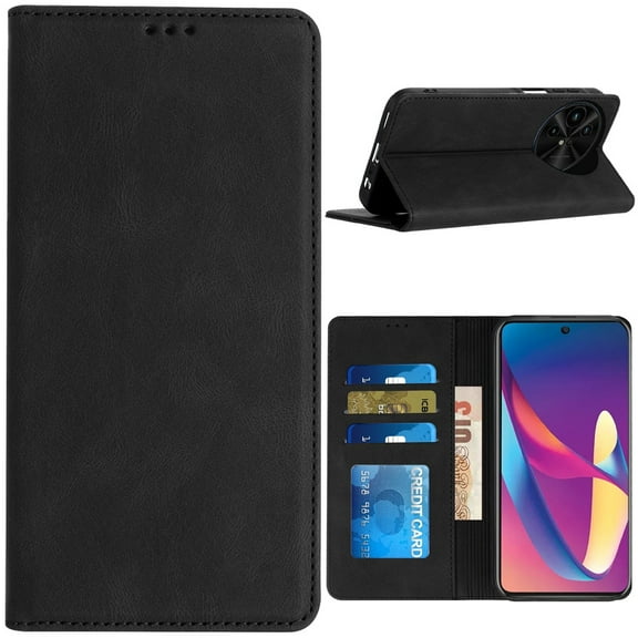 Designed for TCL 50 XL 5G Wallet Premium PU Vegan Leather ID Credit Card Money Holder with Magnetic Closure Pouch Flip Phone Case Cover [Black]