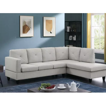 Modern Living Room L-shape Sofa Light Gray Lenin Upholstery 2pc Sectional Sofa Chaise Tufted Back