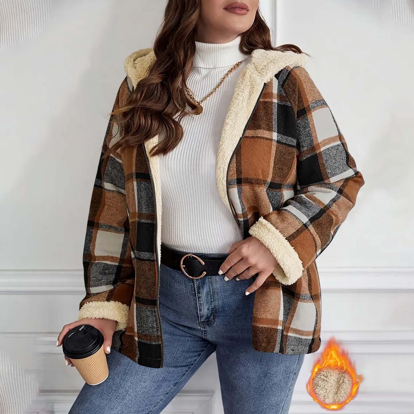 Womens Winter Coats Plaid Woolen Full-zip Hooded Jackets with Sherpa Lined Thick Warm Faux Shearling Outerwear (XL, Khaki)