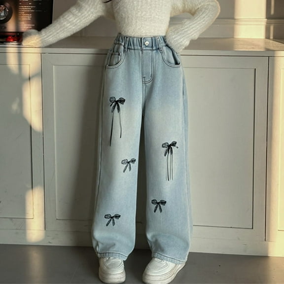 Jeans for Kids Cute Cartoon Embroidered Kids Baggy Jeans Girls Straight Leg Jeans with Pockets High Waist Wide Leg Jeans for Girls 4-5 Years