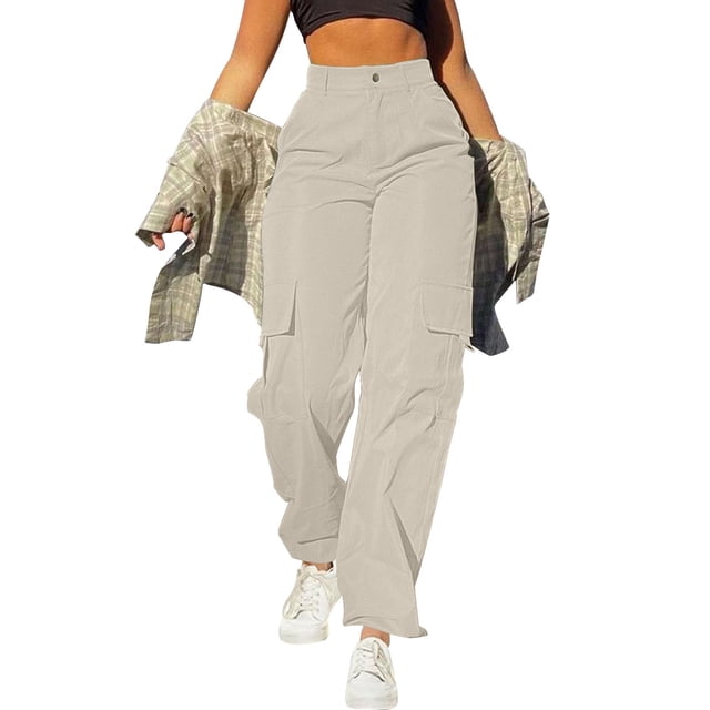 Chbgutlmr Pantalon Cargo Femme Jambe Droite Bouton Taille Élastique Ample Décontracté Randonnée Camping