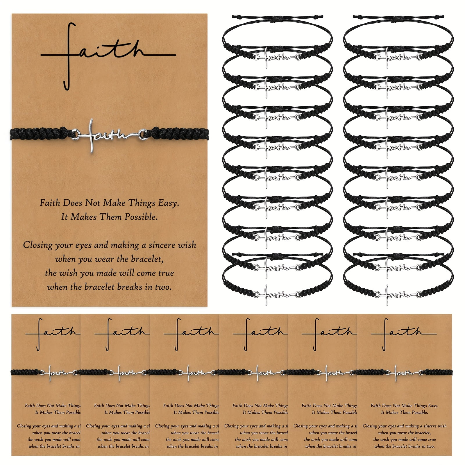50 Set Bulk Easter Faith Bracelets for Women, Christian Religious Cross Heart Charm Bracelets with Cards & Organza Bags, Church Party Favors Verse Gifts for Baptism Weddings