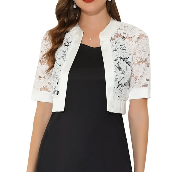 INSPIRE CHIC Women's Bolero Shrug Satin Panel Short Sleeves Lace Open Front Crop Cardigan XS White