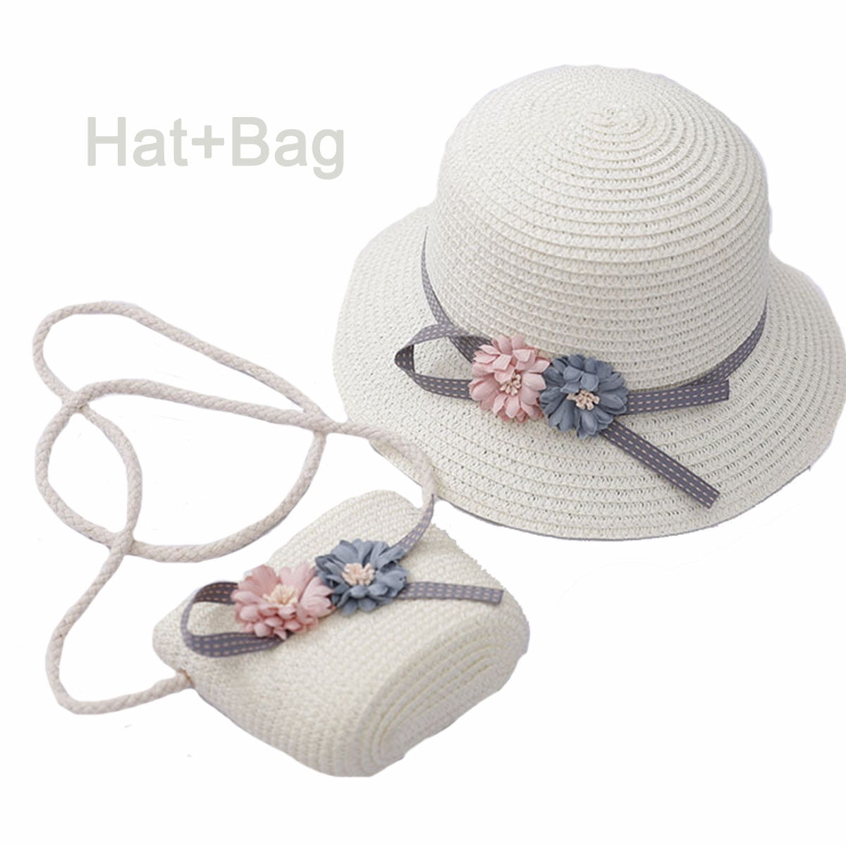 Kids Wide Brim Sun Straw Hat+Bag Summer Decor Beach Straw Hat Shoulder