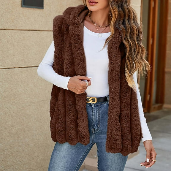 Qetyuw Winter Faux Fur Vest for Women Sleeveless Ruched Open Front Hooded Vests Warm Casual Coat Outwear