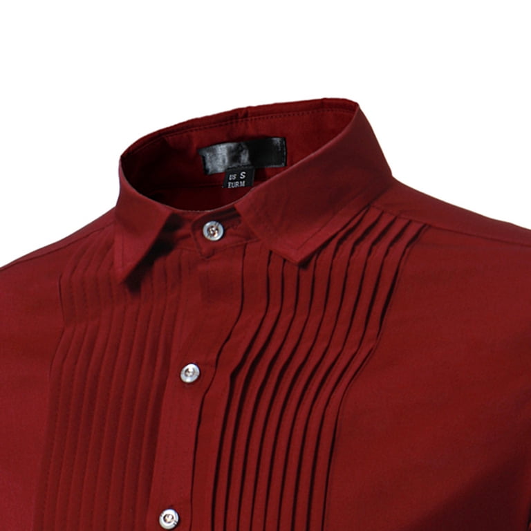 Ryrjj Men's Tuxedo Shirt Fashion Formal Dress Shirt Pleated Long Sleeve Collar Button Down Shirts for Prom Party Wedding(Wine,XL)