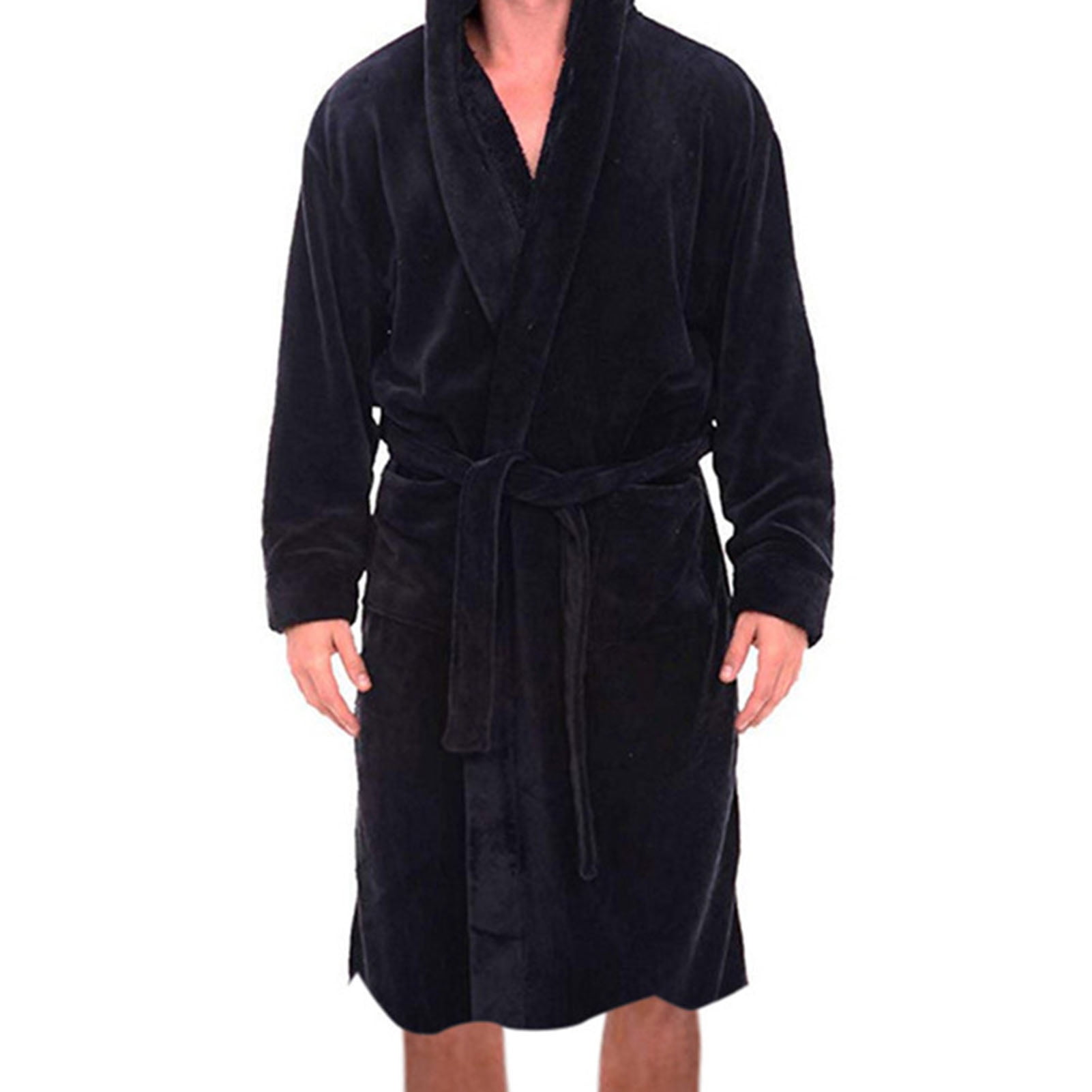Solid Color Belt Flannel Bath Robe Hooded Pockets Warm Men Nightgown ...