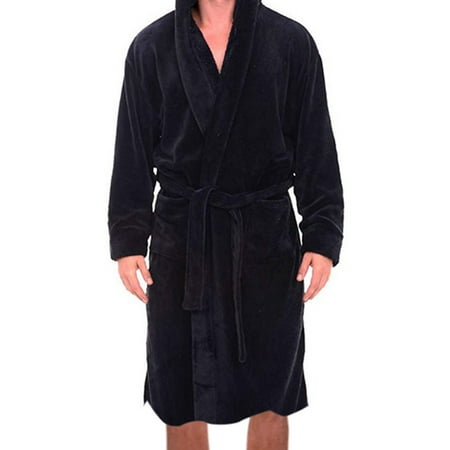 

Sunnymall Solid Color Belt Flannel Bath Robe Hooded Pockets Warm Men Nightgown Home Clothes
