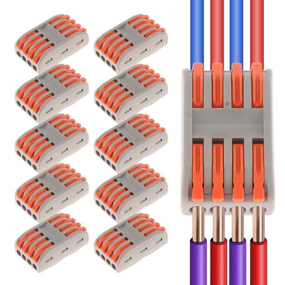 XUBIYM 10Pcs Lever Wire Nuts Connectors 4 in 4 Out Splicing Wire Terminals Quick Connect 4 Circuit Inline Splices Electrical Wire Connector for 28-12 Awg, 4 Wire Connector